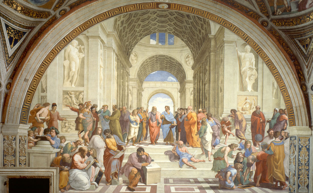 The School of Athens, Raphael — Plato and Aristotle walk together at the centre of a gathering of philosophers beneath a vaulted hall.